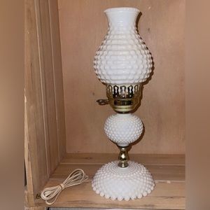 VTG White Milk Glass Hobnail Lamp W/ Chimney